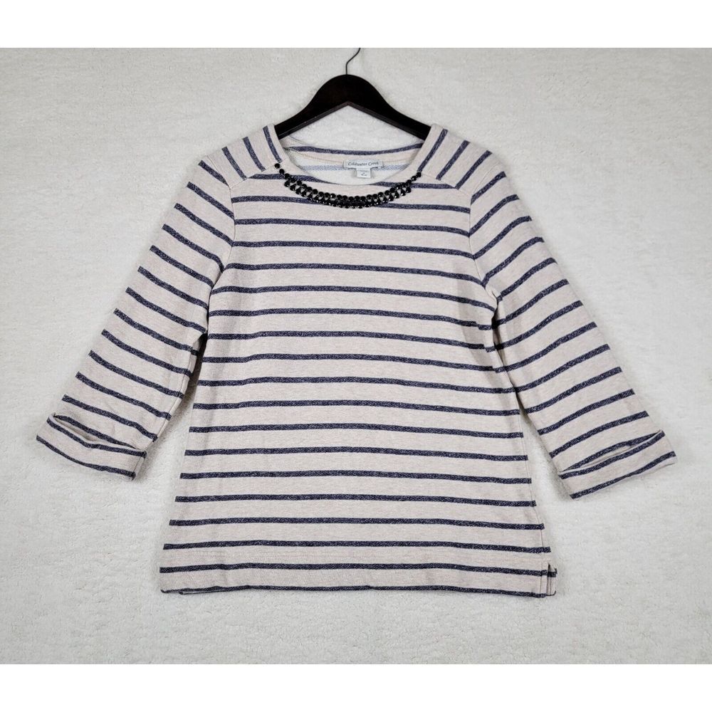 Coldwater Creek Shirt Womens Medium Beige Striped Long Sleeve Embellished Cotton